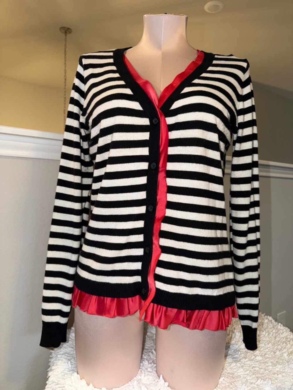 Black & White Striped Women's Cardigan with Red Coral Trim